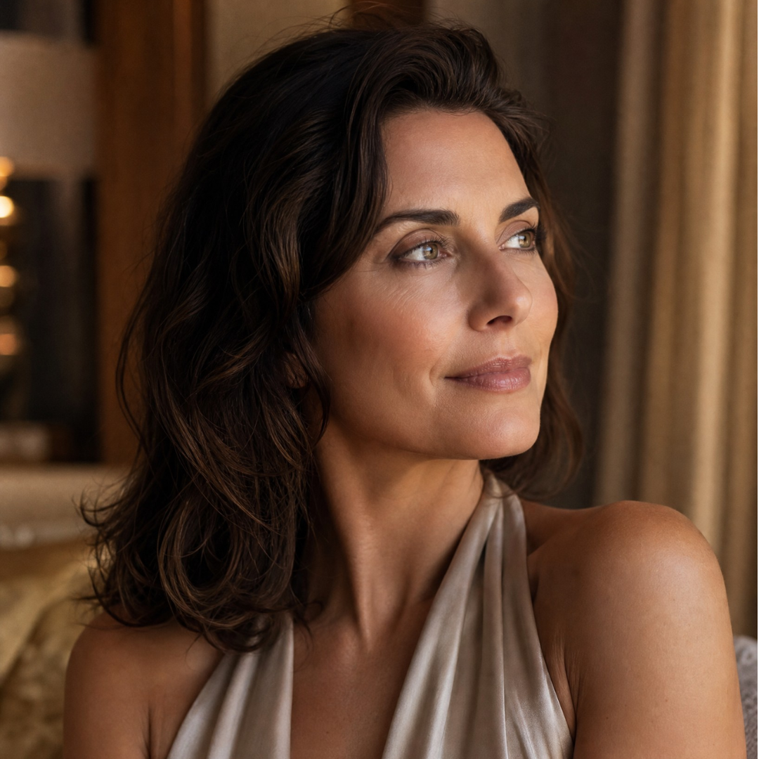 Donna con pelle luminosa e curata — skincare rituale Halos Cosmetics